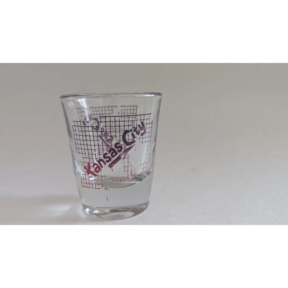 Vintage Kansas City Shot Glass Purple Pink Grid Graphic Souvenir Clear Glass